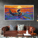 Sunset Loon, Splash, Painting, Framed Canvas Print lakehouse wall art, coastal bathroom decor, vibrant nature print, ocean artwork