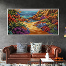 Colorful Beach, Pathway, Painting, Framed Canvas Print vibrant coastal trail wall decor, tropical beach boho art, hallway accent