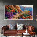 Floral Path, Coastal Trail, Ocean View, Framed Canvas Print, Bright Nature Wall Art, Vibrant Hallway or Kitchen Boho Decor