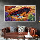 Desert Hidden, Oasis, Waterfall, Framed Canvas Print Nature-inspired boho landscape, colorful living room wall art, southwest decor