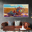 Teapot Patio, Desert, Ceramic, Framed Canvas Print, bold desert teapot art, colorful Mexican pottery, sunny outdoor patio wall art