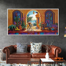 Archway Ocean, Tropical, Framed Canvas Print, Colorful tropical patio view through arch, Mexican coastal decor, Dining Wall Art