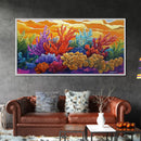 Reef Sunset, Underwater, Framed Canvas Print, Vibrant coral reef with tropical plants, sunset sky, Beachy decor, Bathroom Wall Art