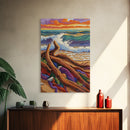 Driftwood Waves, Beach, Sunset, Framed Canvas Print, Coastal stormy beach scene, textured seascape painting, Nautical Bathroom Wall Art