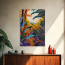 Tropical Jungle, Foliage, Path, Framed Canvas Print, Vibrant Botanical Wall Art, Boho Living Room Decor, Colorful Nature Painting