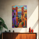 Bridge Street, Sunset, Framed Canvas Print, Colorful Cityscape Wall Art, Vibrant Urban Decor, Boho Architecture Print, Hallway Wall Art