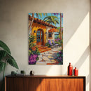 Villa Poolside, Palm, Paradise, Framed Canvas Print, tropical patio wall art, coastal Mediterranean decor, outdoor relaxation art, boho vibe