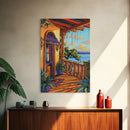 Porch Lake, Peaceful, View, Framed Canvas Print, relaxing patio art, summer lake view, rustic porch decor, Mediterranean vibes painting