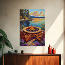 Firepit Chairs, Lake, Sunset, Framed Canvas Print, outdoor patio wall decor, rustic lakeside art, cozy fall cabin retreat artwork