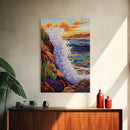 Wave Splash, Cliffside, Sunset, Framed Canvas Print, Bold Ocean Wall Art, Coastal Living Room Decor, Vibrant Beach Seascape Painting