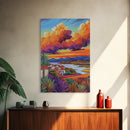 Village Sunset, Clouds, Landscape, Framed Canvas Print, Colorful Scenic Wall Art, Rustic Living Room Decor, Mediterranean Countryside