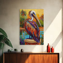 Pelican Portrait, Coastal Bird, Tropical Scene, Canvas Print, beach house decor, boho coastal art, Wildlife Painting, Living Room Wall Art