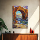 Ocean Arch, Wave Drama, Cliff Coast, Sunset Light, Framed Canvas Print, Living Room Wall Art, Coastal Landscape, Nature Inspired Art