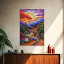 Rainbow Over Mountains, Sunset Pine Forest, Vibrant Landscape, Framed Canvas Print, Kids Room Art, Uplifting Boho Style Wall Decor