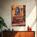 Spanish Piano, Sunlit Interior, Warm Rustic Style, Music Room Wall Art, Traditional Decor, Framed Canvas Print, Mediterranean Home Vibe