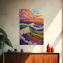 Colorful Ocean Waves, Sunset Surf Art, Rainbow Water Scene, Framed Canvas Print, Coastal Wall Decor, Vibrant Bathroom Art