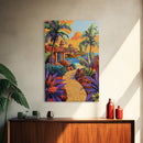 Coastal Village Path, Sunset Vibes, Tropical Getaway, Bright Colors, Framed Canvas Print, Coastal Wall Art, Living Room Decor, Boho Art