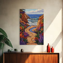 Coastal Path, Floral Trail, Ocean View, Beach Landscape, Framed Canvas Print, boho art, hallway decor, tropical wall art, beach house art