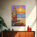 Surfboard Sunset, Ocean View, Floral Beach, Boho Style, Framed Canvas Print, beach lover gift, tropical home decor, coastal living wall art