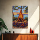 Firepit Sunset, Lake, Campfire, Framed Canvas Print lakeside bonfire painting, cozy outdoor scene, Fall cottage decor, family room wall art