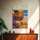 Wagon Ocean, Boho, Beach Scene With Hat Art, Framed Canvas Print, Eclectic Living Room Wall Art, Summer Coastal Decor, Vibrant Colors