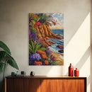 Tropical Coast, Flowers, Waves, Framed Canvas Print vibrant beach cliff wall art, coastal botanical boho decor, Living Room Wall Art