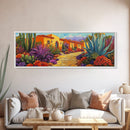 Desert Garden, Adobe Home, Cactus Pathway, Colorful Southwest, Framed Canvas Print, Kitchen Wall Art, Boho Western Decor, Vibrant Desert Scene