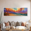 Peaceful Coastal Beach, Colorful Sunset Clouds, Tranquil Ocean Scene, Relaxing Bedroom Wall Art Framed Canvas Print, Bedroom Wall Decor