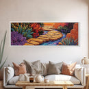 Garden Pathway, Floral Stream Art, Bold Colors, Succulent Garden Style, Framed Canvas Print, Kitchen or Hallway Wall Art