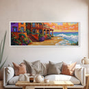 Coastal Villa, Ocean View, Sunset Beach, Canvas Print, Mediterranean house art, colorful seaside decor, boho kitchen art