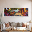 Garden Patio, Seaside Escape, Bright Cottage, Floral Path, Framed Canvas Print, Summer Porch Art, Kitchen Courtyard Painting