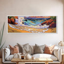 Wave Crash, Rocky Beach, Golden Coast, Tropical Splash, Framed Canvas Print, Coastal Wall Art, Bold Bathroom Decor, Surf Art Style