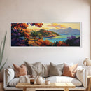 Island Retreat, Ocean View, Palm Trees, Colorful Foliage, Framed Canvas Print, tropical wall art, boho living room accent piece