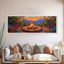 Mountain Campfire Glow, Forest Bonfire Scene, Sunset Wilderness Art, Canvas Print, Autumn Living Room Decor, Rustic Outdoor Vibe