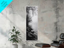 Lakeside Mist, Rocky Shoreline, Tranquil Forest, Framed Canvas Print, Peaceful woodland wall art, Fall neutral decor, Nature themed office print