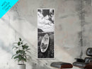 Surfboard Still, Rocky Shore, Beach Vibes, Framed Canvas Print, Coastal Bathroom Wall Art, Minimalist Beach Decor, Summer Style