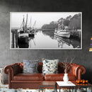 Fishing Boats Docked, Quiet Harbor Scene, Nautical River View, Framed Canvas Print, Kitchen Wall Art, Rustic Coastal Decor, Lodge Wall Art