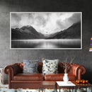 Mountain Lake, Misty Valley, Nature Serenity, Moody Landscape, Framed Canvas Print, Living Room Wall Art, Rustic Cabin Aesthetic