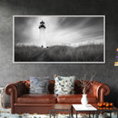 Lighthouse Grass, Seaside Tower, Stormy Sky, Black White, Framed Canvas Print, Beach Bathroom Art, Minimalist Decor, Nautical Print