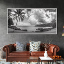 Tropical Coast, Palm Beach, Island View, Cloudy Sky, Framed Canvas Print, Coastal Living Room Art, Beach Wall Decor, Summer Style