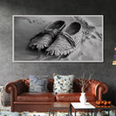 Moccasins in Sand, Rustic Footwear Art, Cultural Detail Photo, Framed Canvas Print, Boho Entryway Wall Decor, Western Minimalist