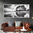 Beach Reflection, Seaside Rock, Cloudy Horizon, Coastal View, Framed Canvas Print, Minimalist Wall Art, Bathroom Ocean Decor