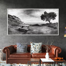 Picnic Table View, Coastal Meadow Scene, Tree and Cliff Horizon, Framed Canvas Print, Relaxing Kitchen or Outdoor Patio Wall Art