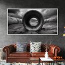 Storm Drain Pipe, Industrial Perspective, Moody Cloudscape, Framed Canvas Print, Urban Loft Decor or Dramatic Modern Wall Art