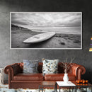 Surfboard, Coastal Shore, Serene Beach, Cloudy Sky, Framed Canvas Print, surfer room decor, rustic beach wall art, neutral home style