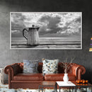 Seaside Coffee Pot, Oceanfront Still Life, Rustic Morning, Framed Canvas Print, Nautical Wall Art, Beach Kitchen Decor, Moody Nature Art