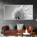 Native Headdress, Feather Crown, Cultural Tribute, Canvas Print, Boho Tribal Decor, Bedroom Wall Art, Monochrome Indigenous Style