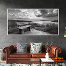 Lakeside Bench, Calm Waters, Sunset View, Canvas Print, Tranquil Nature Photography, Living Room Wall Art, Serene Outdoor Fall Landscape