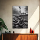 Lighthouse Shore Rocks, Coastal Beacon, Moody Clouds, Framed Canvas Print, Nautical Wall Art, Rustic Beach House Decor, Fall Storm Style