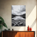Misty Lake View, Peaceful Reflections, Nature Tranquility, Framed Canvas Print, Bedroom Wall Art, Black and White Landscape, Minimalist Art
